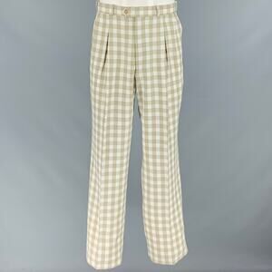 PRONTI Size 34 Cream Taupe Checkered Polyester Wide Leg Pleated Dress Pants